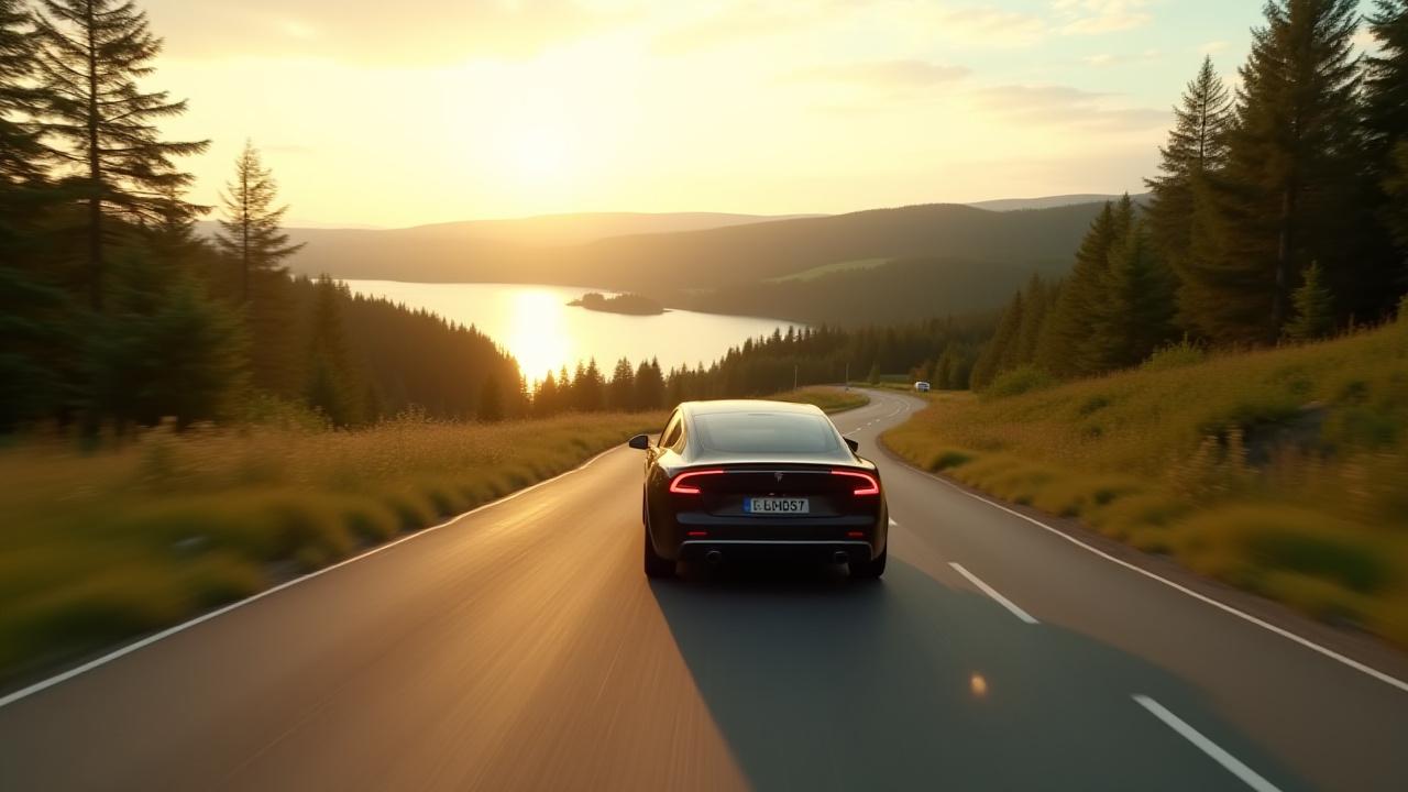 Elbil som kör genom ett vackert svenskt landskap.