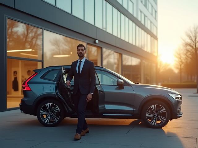 Affärsperson kliver ur en modern elbil framför ett stilrent kontor i Sverige