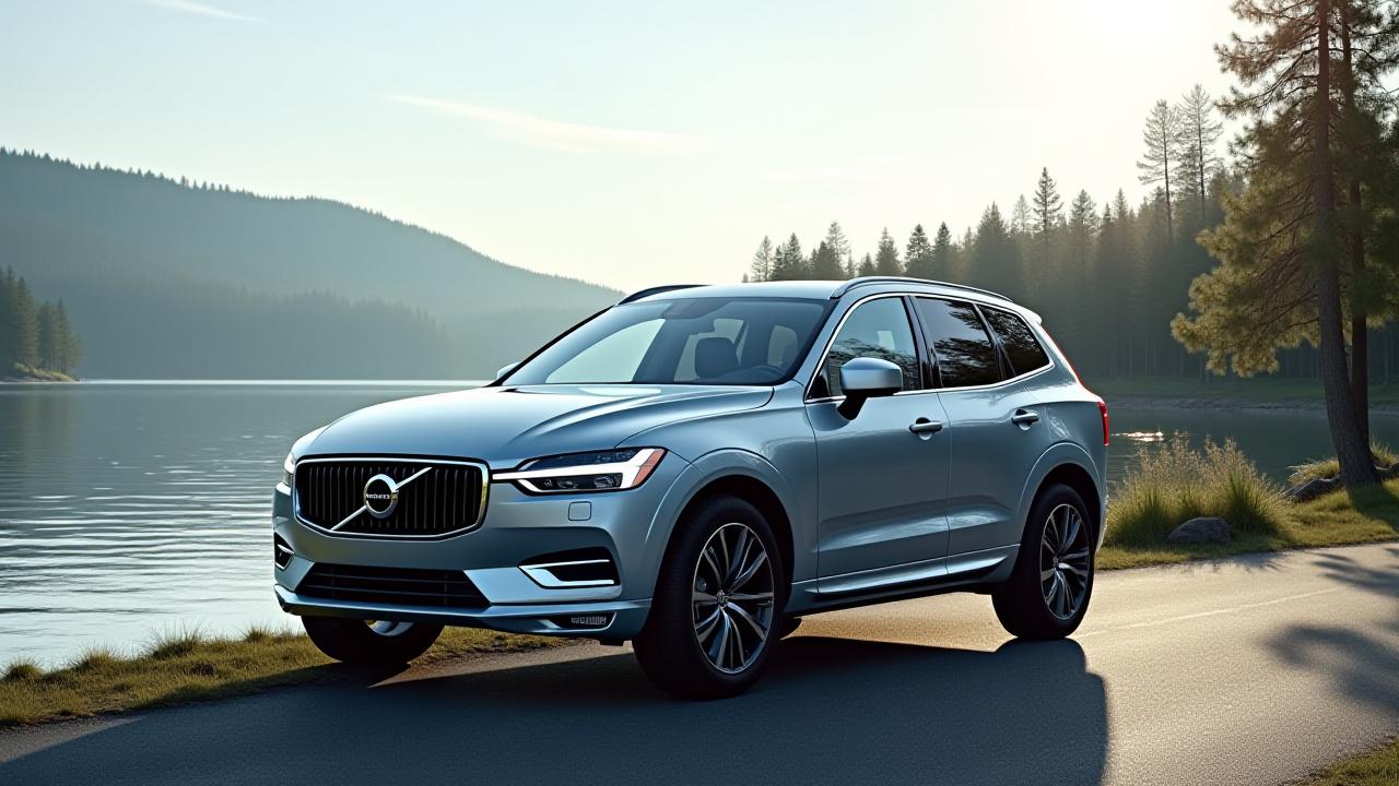 Volvo XC60 i silvergrå färg parkerad vid svensk sjö