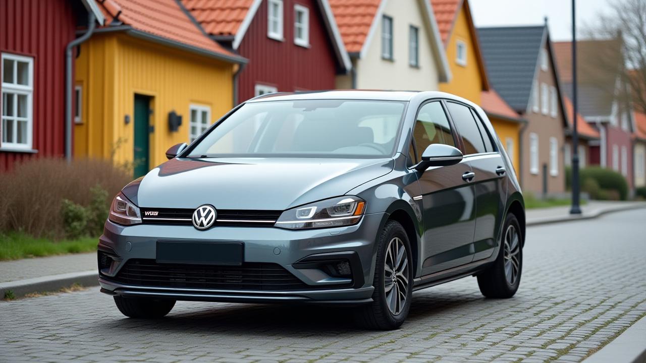 Volkswagen Golf parkerad på en kullerstensgata i en svensk småstad