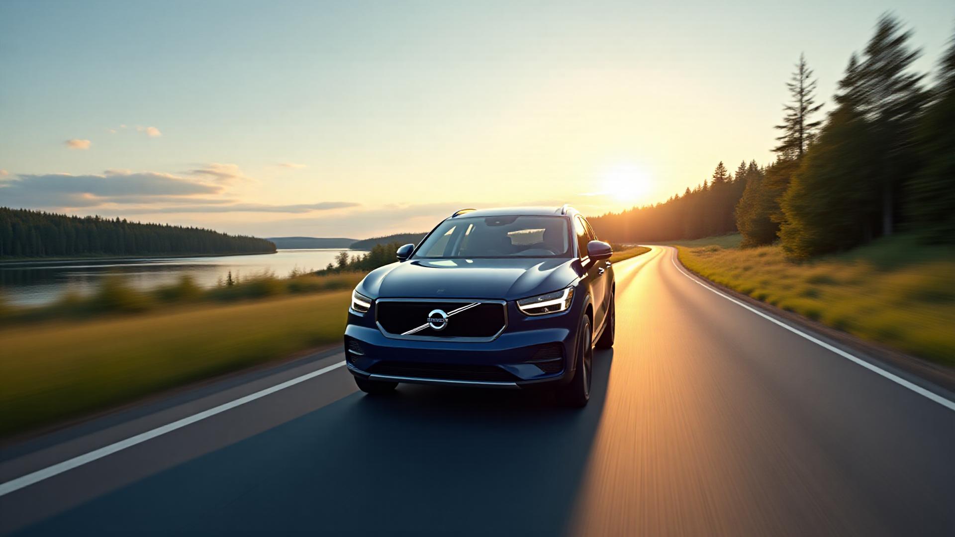 Modern bil kör på naturskön svensk landsväg med midnattssol
