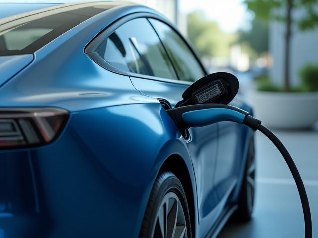 Elbil laddas vid laddstation i en urban miljö