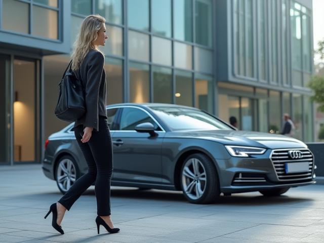 Affärskvinna ler framför modern kontorsbyggnad med hyrbil