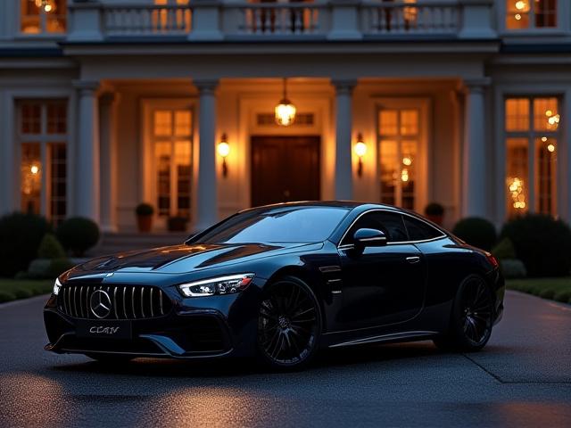 Lyxig sportbil parkerad framför ett elegant hotell