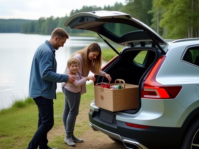 Familjepicknick med hyrbil vid sjö i Sverige