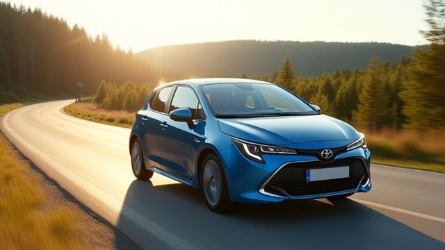 Toyota Corolla i blå färg körandes på en landsväg