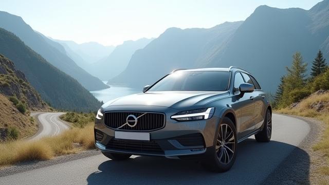 Volvo V60 kombi i silverfärgat på en bergsväg i Sverige