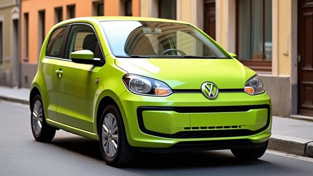 Volkswagen Up! i grön färg på en stadsbildsväg