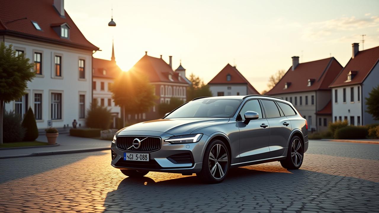 En modern bil parkerad vid en historisk svensk stadskärna med kullersten och charmiga byggnader, strålande sol.