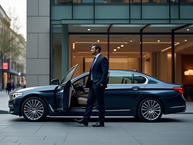 En affärsperson i kostym kliver ur en elegant bil framför en modern kontorsbyggnad