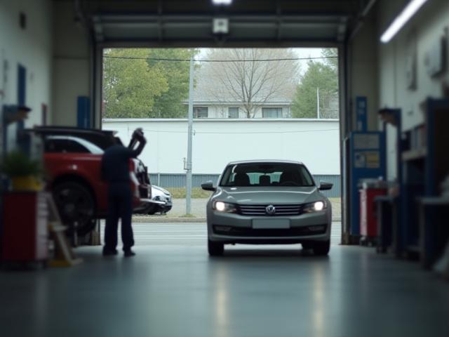 En bil i en bilverkstad med en mekaniker som arbetar, med en ersättningsbil parkerad utanför