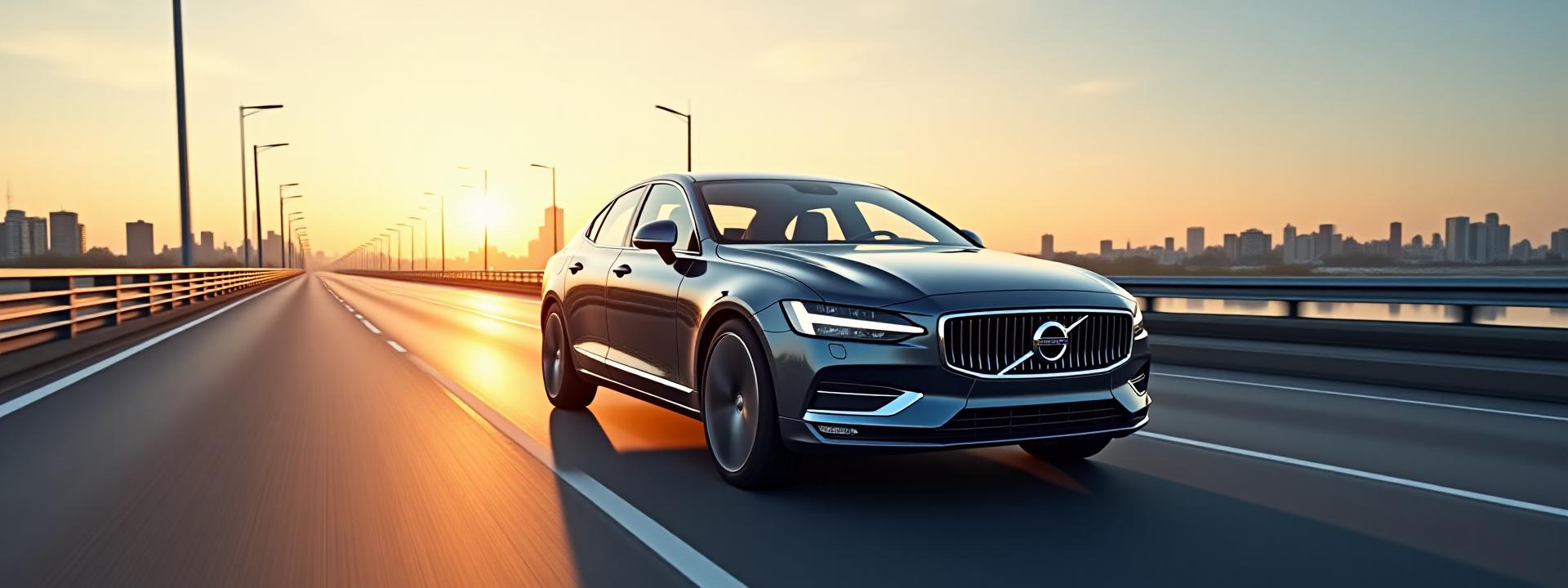 Modern bil kör på en urban motorväg under solnedgång