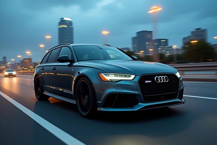 Audi RS6 parkerad i en urban miljö med modern arkitektur.