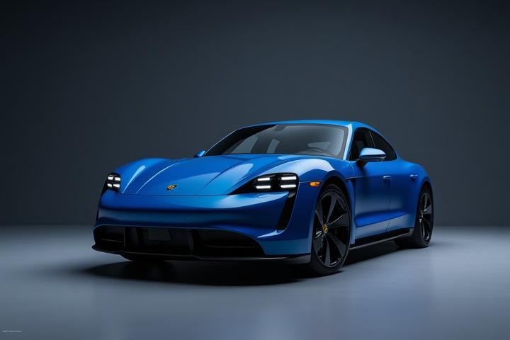 Porsche Taycan i en futuristisk, minimalistisk studio.