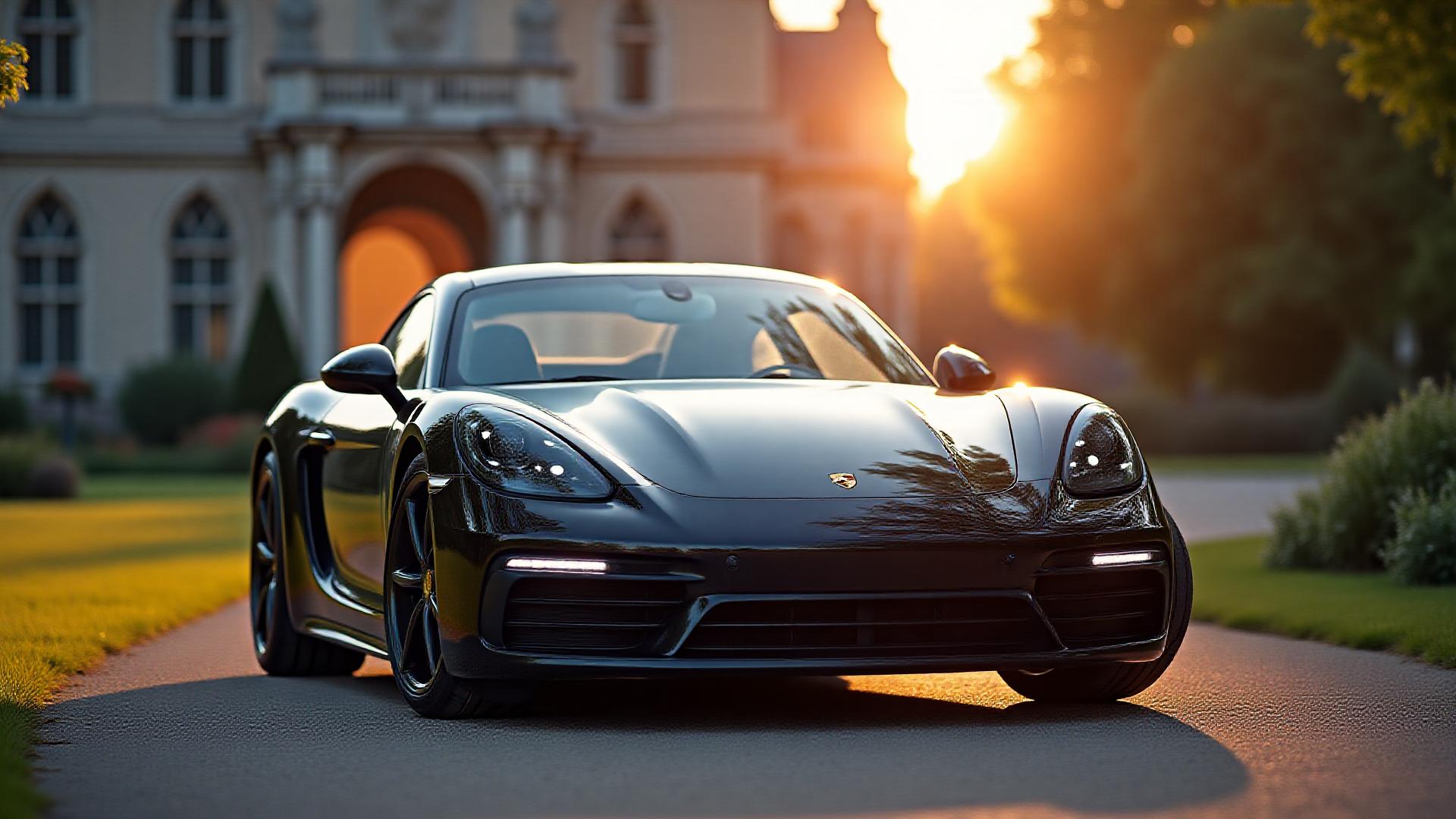 En elegant Porsche 911 parkerad vid en historisk svensk herrgård under solnedgången, reflektioner i lacken