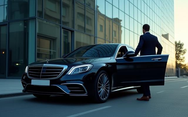 Affärsman som stiger ur en svart Mercedes S-klass framför en modern kontorsbyggnad