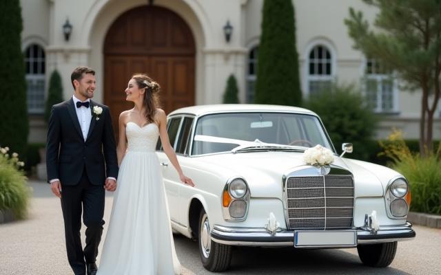Brudpar som står framför en vit, elegant lyxbil, dekorerad för bröllop