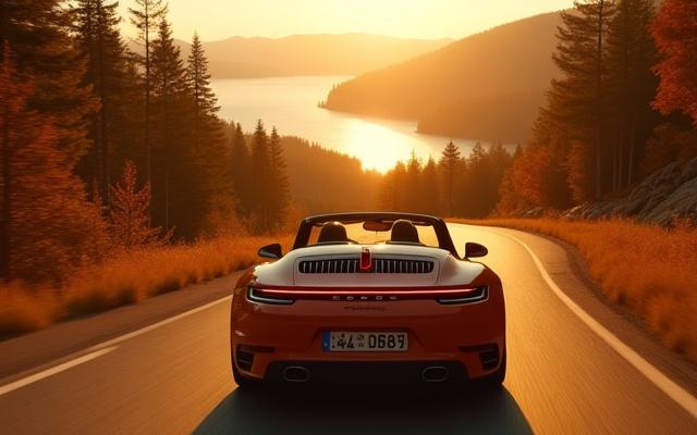 Ett par som njuter av utsikten från en sportbil på en slingrande väg vid en sjö i de svenska fjällen