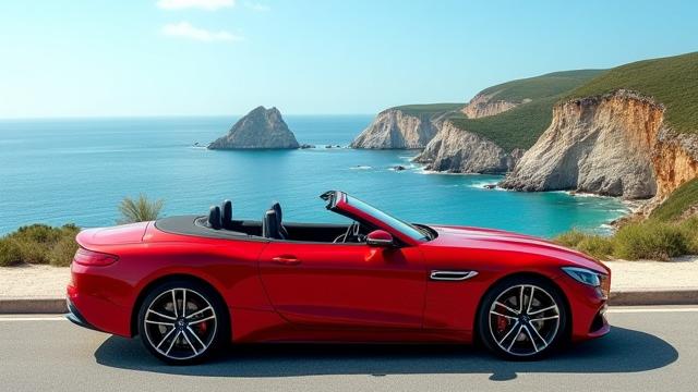 Röd cabriolet parkerad vid en solig kustväg med havet i bakgrunden