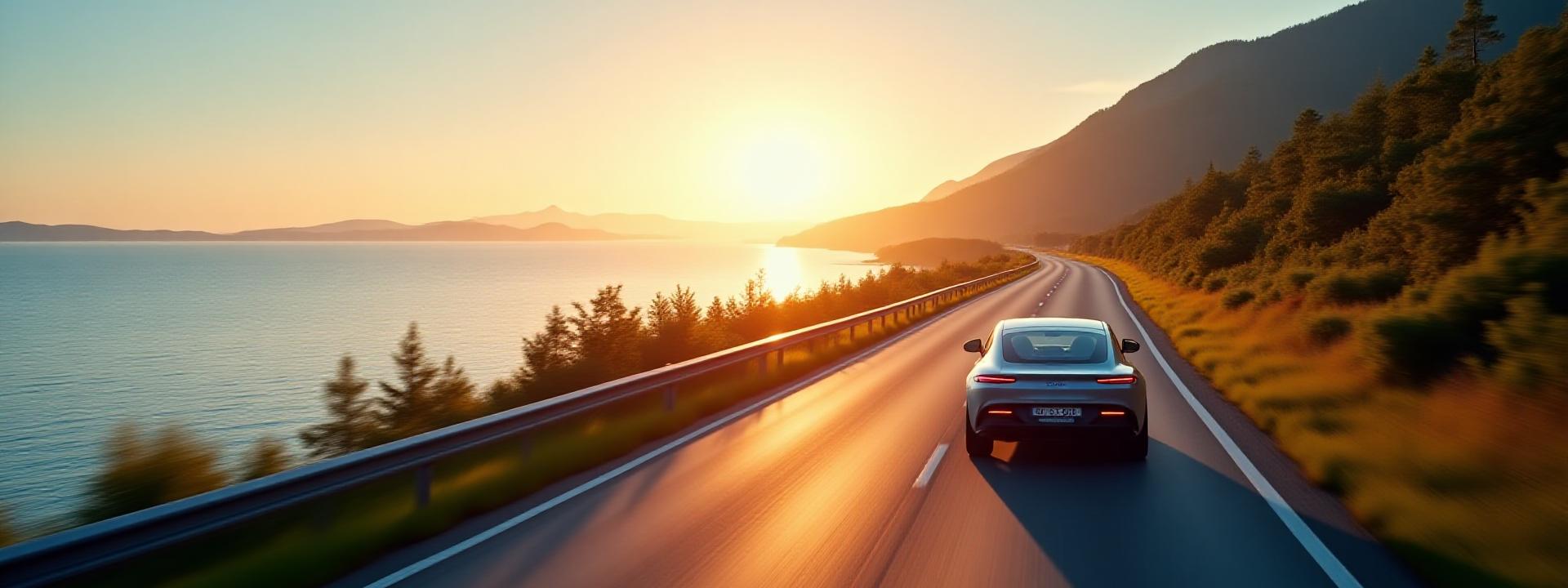 Öresundsbron i solnedgången, ett somrigt landskap med en slingrande väg som leder mot horisonten. En modern bil kör på vägen.