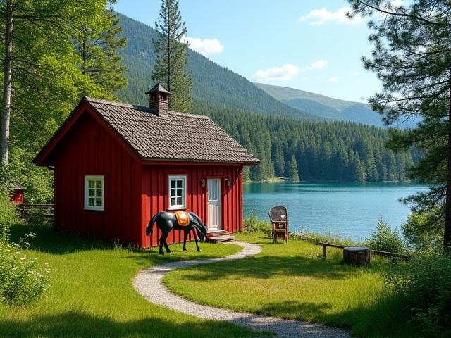 Fäbodstuga i Dalarna med en dalahäst och Siljansjön i bakgrunden