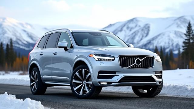 Silverfärgad Volvo XC60 parkerad vid en fjällväg med snöiga toppar i bakgrunden