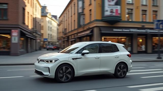 Vit VW ID.3 elbil körandes på en urban gata i en svensk stad