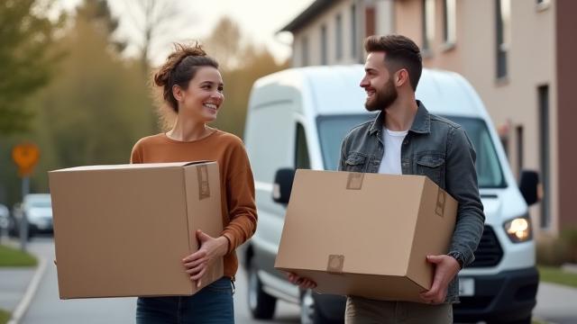 Glatt par bär flyttkartonger mot en modern skåpbil, symboliserar enkel flytt.