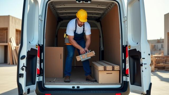 Hantverkare klädd i arbetskläder lastar verktyg och material i en skåpbil, symboliserar effektiv arbetsdag.