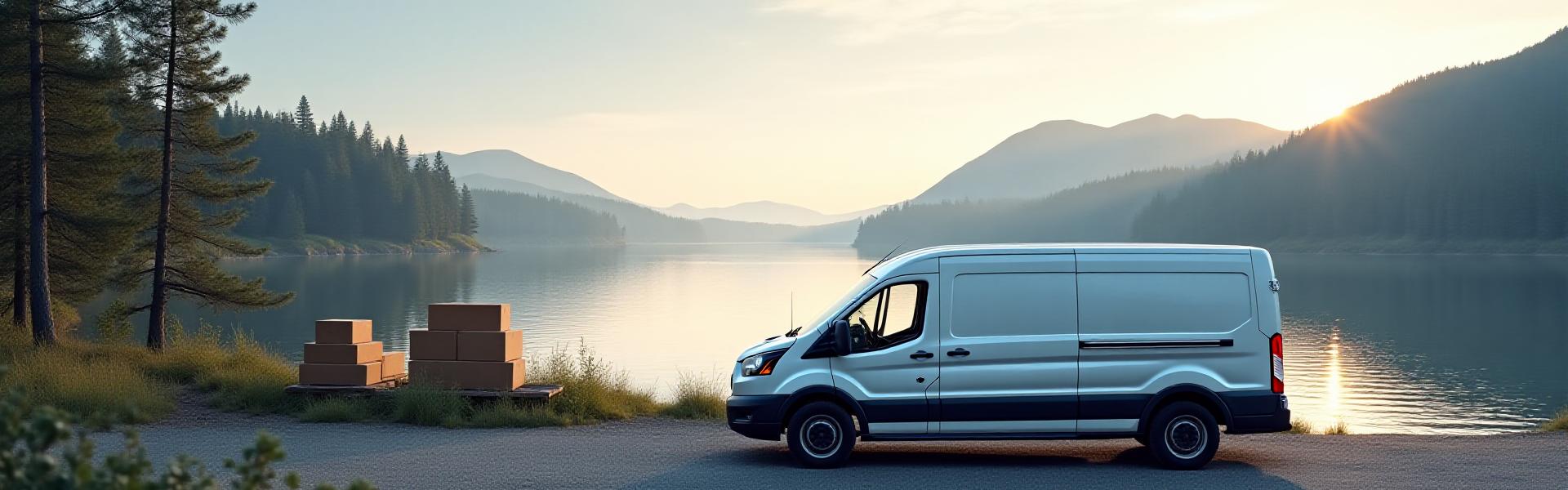 Modern skåpbil vid brygga i skandinavisk natur, lastad med flyttkartonger och möbler, med solnedgång i bakgrunden.