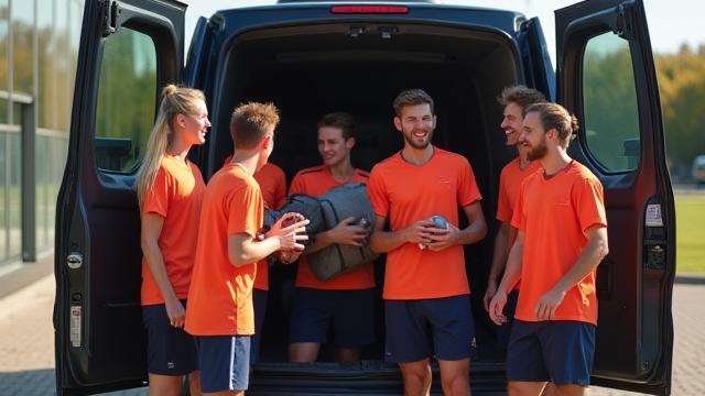 Grupp av glada ungdomar i en minibuss med sportutrustning, på väg till match eller träning.